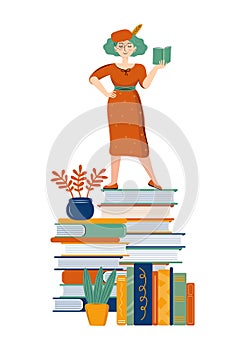 Literary fan. Smart woman reads a book in the library. Young stylish woman with a book. Love of literature. Drawn cartoon