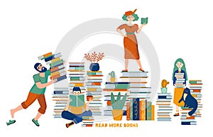 Literary fans. Family reads books. Mom, dad, daughter, son and cat among many books. Smart, educated family. Family shared leisure