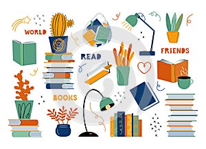Literary fans. Set of different subjects on the topic of literature and reading. Books, textbooks, indoor plants, a table lamp, a