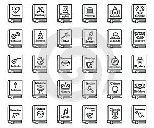 Literary genres book icons set, outline style