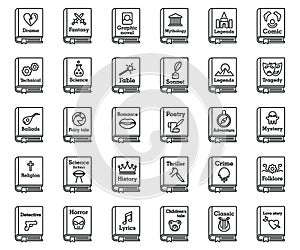 Literary genres book icons set, outline style photo