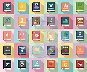 Literary genres icons set, flat style