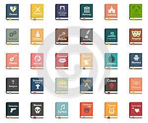 Literary genres icons set flat vector isolated