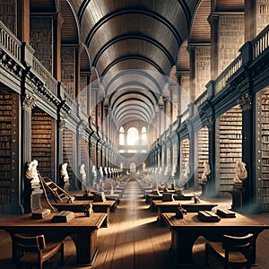 Literary Haven: AI Generated Interior View of Historic Library Filled with Antique Volumes