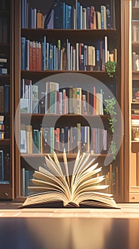 Literary haven Aisle of bookshelves with stacks of literature books