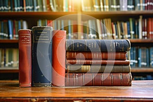 Literary legacy Old books arranged on a wooden table backdrop