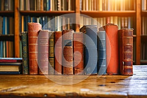 Literary legacy Old books arranged on a wooden table backdrop