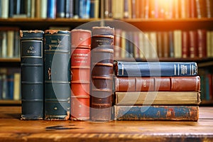 Literary legacy Old books arranged on a wooden table backdrop