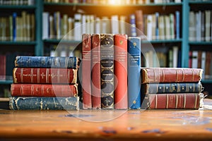 Literary legacy Old books arranged on a wooden table backdrop