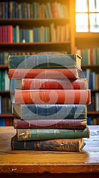 Literary legacy Old books arranged on a wooden table backdrop