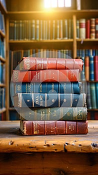 Literary legacy Old books arranged on a wooden table backdrop