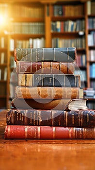 Literary legacy Old books arranged on a wooden table backdrop