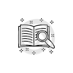 Literary magnifier book search icon. Element of literature icon