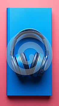 Literary music experience Top view of headphones on blue book