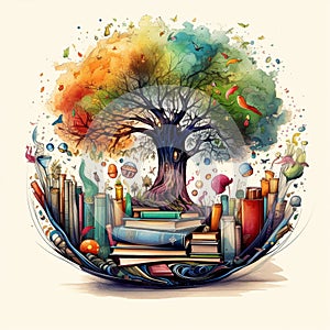 Literary Origins: An Inkwell Sprouting a Tree of Books