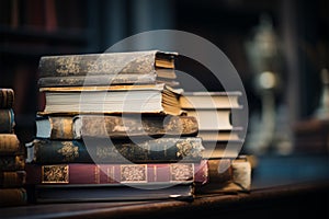 Literary piles on a table, set against a librarys soft focus photo