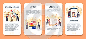 Literary scholar or critic mobile application banner set. Scientist