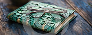 Literary Tranquility: Artisanal Notebook with Wooden Glasses, Nature-Inspired Design, Panoramic with Copy Space, AI