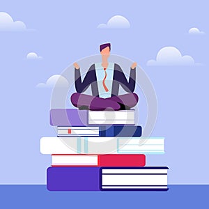 Literate man sits on pile of books. Self education vector concept