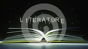 LITERATURE caption made of glowing letters from the open book. 3D animation