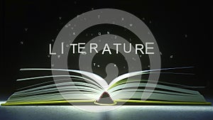 LITERATURE caption made of glowing letters from the open book. 3D rendering