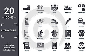 literature icon set. include creative elements as shoe, periodic table, pen, long john silver, physics, thesis filled icons can be