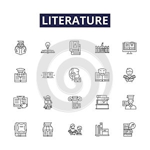 Literature line vector icons and signs. Poetry, Fiction, Plays, Essays, Comic, Story, Verse, Novella outline vector