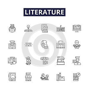Literature line vector icons and signs. Poetry, Fiction, Plays, Essays, Comic, Story, Verse, Novella outline vector photo