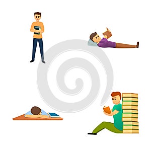 Literature lover icons set cartoon vector. Young man read paper book