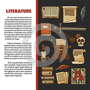 Literature promo banner with ancient manuscripts and books