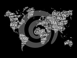 Literature word cloud in shape of world map, education concept background