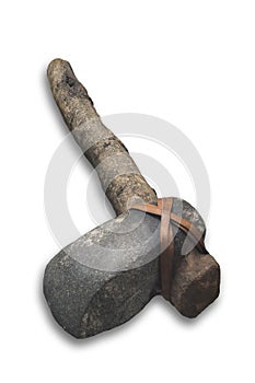 Lithic axe with wooden handle and leather strapping