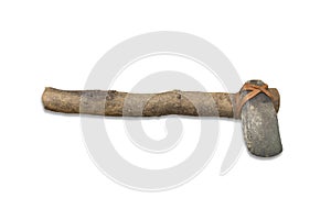 Lithic axe with wooden handle and leather strapping photo