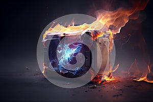 Lithium battery which has caught fire and exploded due to overheating of a poorly manufactured product photo