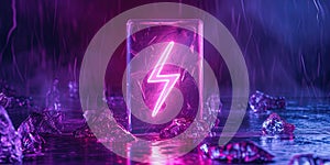 Lithium Ion Battery With A Lightning Bolt Icon , Ice Illuminated With Neon Violet Light Battery Shap