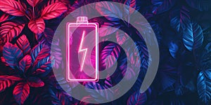 Lithium Ion Battery With A Lightning Bolt Icon , Leaves Illuminated With Neon Magenta Light Battery