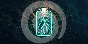 Lithium Ion Battery With A Lightning Bolt Icon , Roots Illuminated With Neon Teal Light Battery Shap