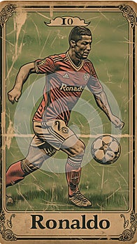 A lithography classic tarot card of a scene from a soccer game, with Cristiano Ronaldo kicking a ball photo
