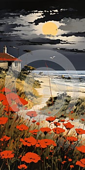 Lithography Oil Painting Giclee Print: Coastal House With Thatched Roof