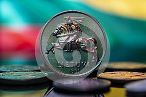 Lithuania 5 Centai Coin 1991 Obverse Flag Background Macro Close Up