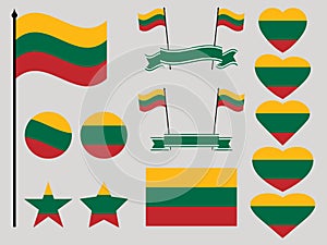 Lithuania flag set. Collection of symbols heart and circle. Vector