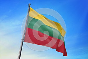 Lithuania flag waving on the blue sky 3D illustration