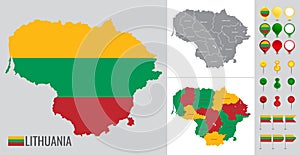 Lithuania vector map with flag, globe and icons on white background