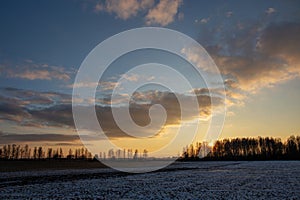 Lithuanian fields are covered with snow. It's winter in Birzai