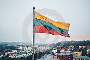 Lithuanian flag in the wind. Drone aerial view photo