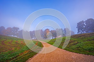 Lithuanian historic capital Kernave, foggy landscape of Kernave mounds