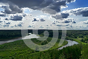 Lithuanian summer landscape. View from Merkine fort hill to Nemunas river and Dzukija National Park in Lithuania