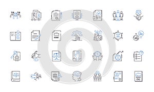 Litigation center line icons collection. Courtroom, Lawsuit, Litigator, Plaintiff, Defendant, Evidence, Testimony vector photo