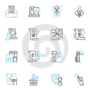 Litigation rights linear icons set. Advocacy, Legal, Justice, Rights, Lawsuit, Litigate, Defense line vector and concept photo