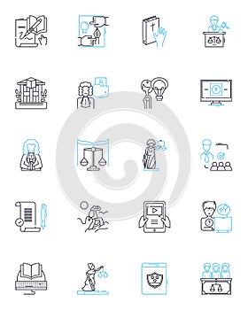 Litigation rights linear icons set. Advocacy, Legal, Justice, Rights, Lawsuit, Litigate, Defense line vector and concept